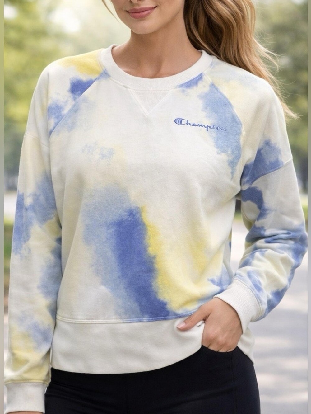 Champion Women Cropped Tie Dye Sweatshirt Campus French Terry Blue Yellow  S